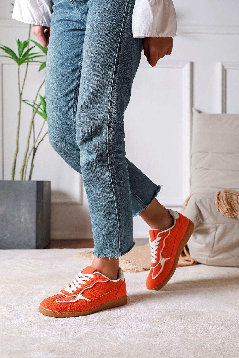 Women's Orange Retro Suede Gum Sole Flat Trainers