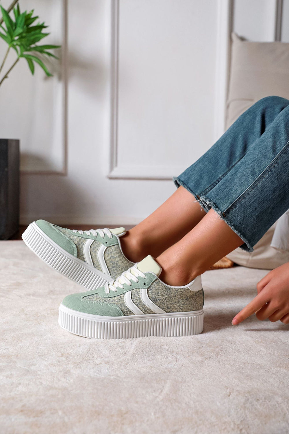Chunky Sole Green & White Contrast Platform Trainers