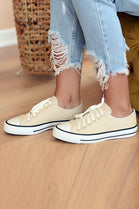 BEIGE CANVAS LACE UP FLAT DESIGNER FASHION TRAINERS