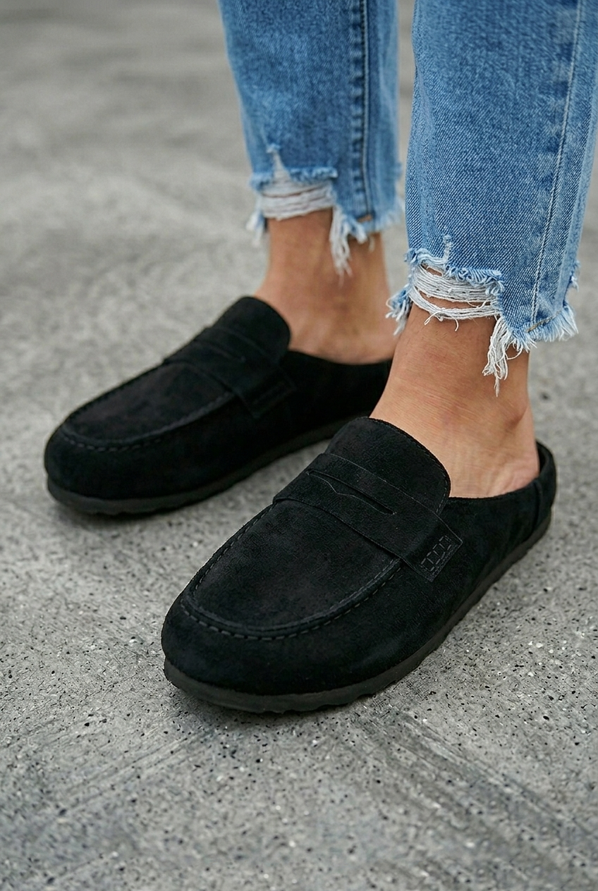 Women's Black Suede Mule Loafer Slip-On Comfort Flats