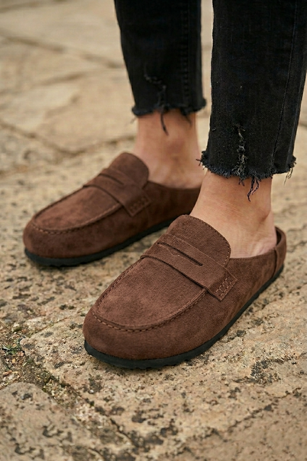 Women's Brown Suede Mule Loafer Slip-On Comfort Flats