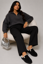 Women's Faux Suede Fur-Lined Mule Loafers - Black