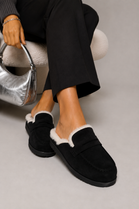 Women's Faux Suede Fur-Lined Mule Loafers - Black