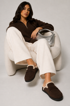 Women's Faux Suede Fur-Lined Mule Loafers - Brown