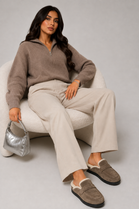 Women's Faux Suede Fur-Lined Mule Loafers - Camel