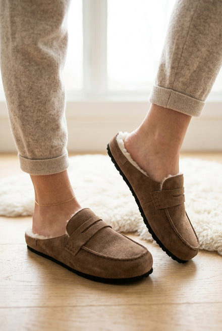 Women's Faux Suede Fur-Lined Mule Loafers - Camel