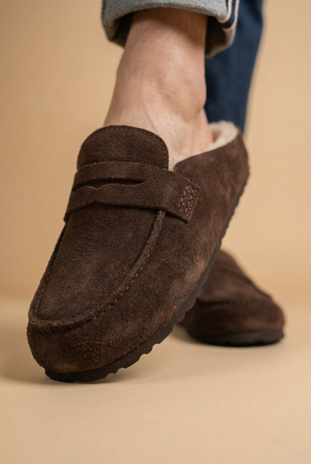 Women's Faux Suede Fur-Lined Mule Loafers - Brown