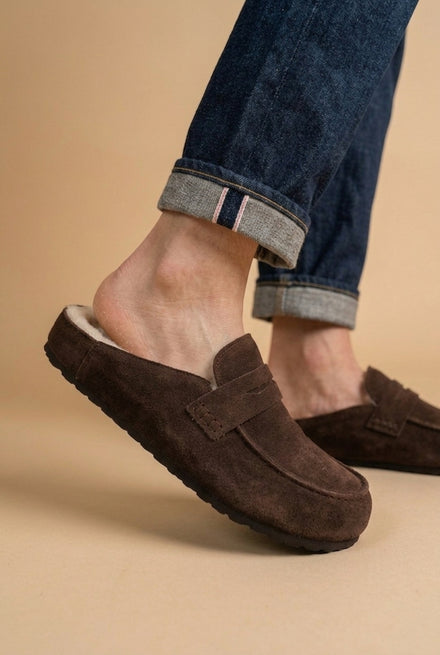 Women's Faux Suede Fur-Lined Mule Loafers - Brown
