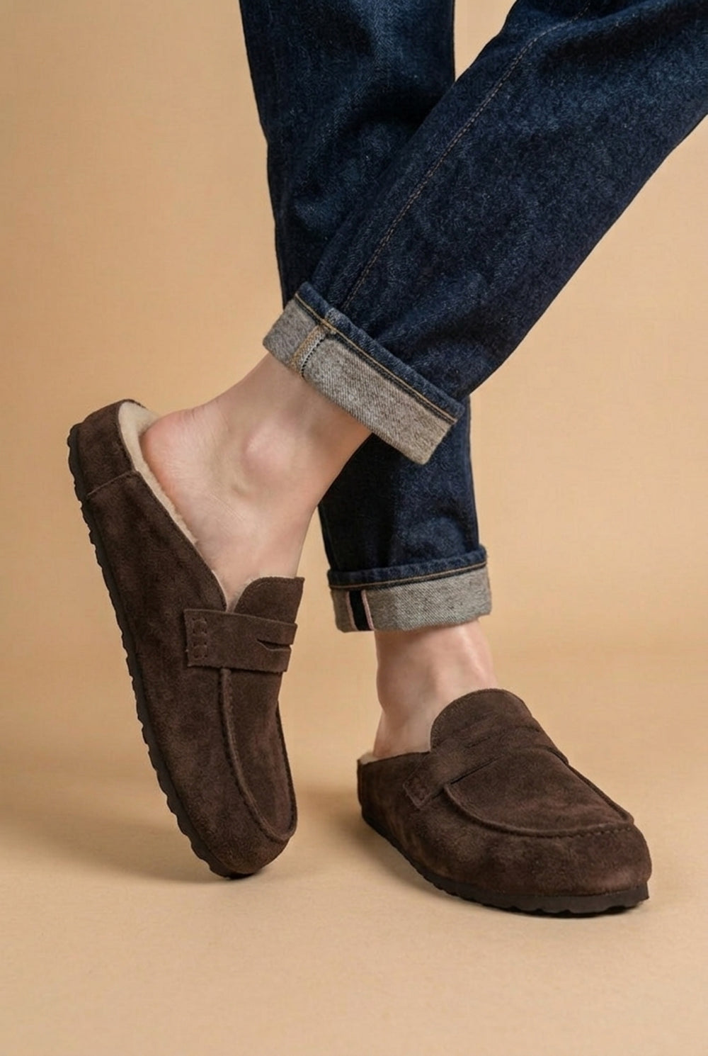 Women's Faux Suede Fur-Lined Mule Loafers - Brown