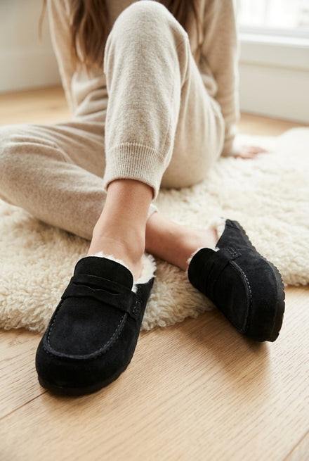 Women's Faux Suede Fur-Lined Mule Loafers - Black