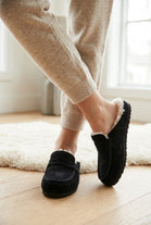 Women's Faux Suede Fur-Lined Mule Loafers - Black
