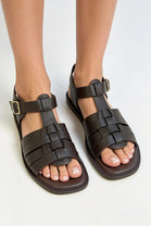 Dark Brown Faux Leather Fisherman Sandals With Gold Buckle Strap