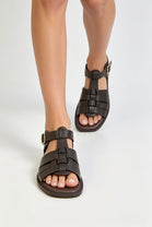 Dark Brown Faux Leather Fisherman Sandals With Gold Buckle Strap