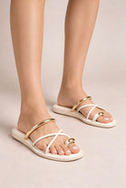 Women's Cream Pu Gold Metal Detail Strappy Flat Sandals Summer Slides