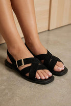 Black Suede Cross Strap Buckle Flat Sandals Wholesale Comfort Slides - 12 Pairs