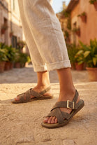 Camel Suede Cross Strap Buckle Flat Sandals Wholesale Comfort Slides