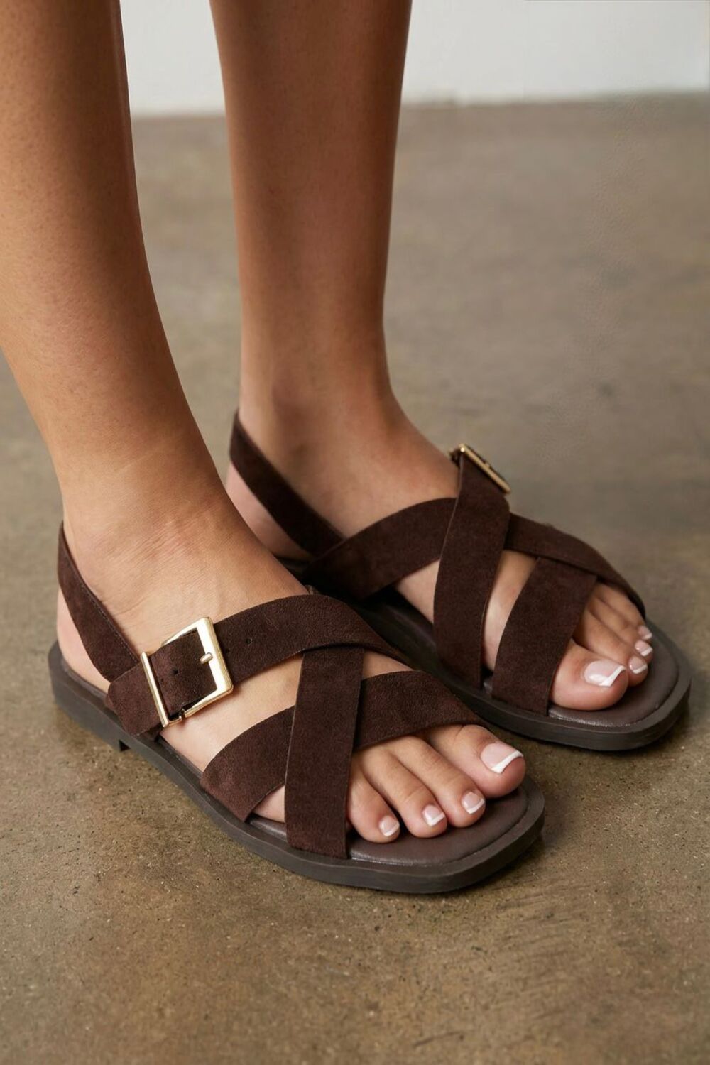 Brown Suede Cross Strap Buckle Flat Sandals Wholesale Comfort Slides - 12 Pairs