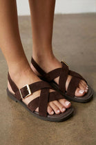 Brown Suede Cross Strap Buckle Flat Sandals Wholesale Comfort Slides - 12 Pairs