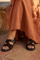 Brown Suede Cross Strap Buckle Flat Sandals Wholesale Comfort Slides - 12 Pairs