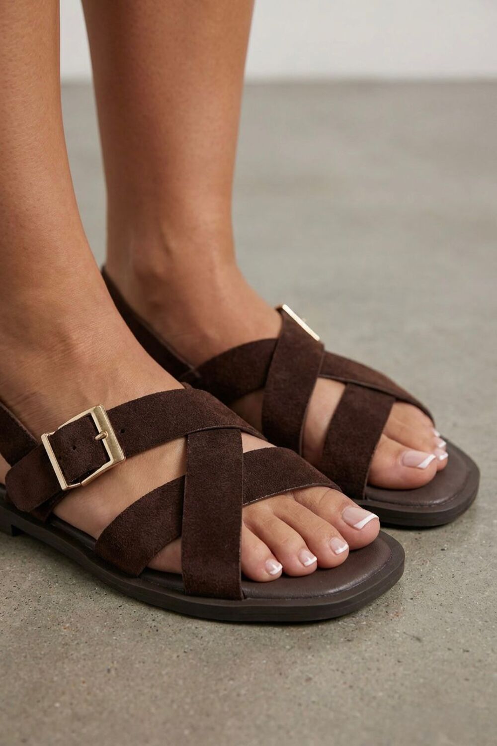 Brown Suede Cross Strap Buckle Flat Sandals Wholesale Comfort Slides - 12 Pairs
