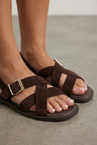 Brown Suede Cross Strap Buckle Flat Sandals Wholesale Comfort Slides - 12 Pairs
