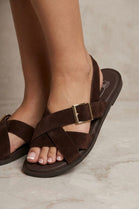 Brown Suede Cross Strap Buckle Flat Sandals Wholesale Comfort Slides - 12 Pairs