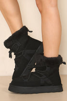 Black Chunky Ankle Snow Winter Biker Boots with Lace Detail