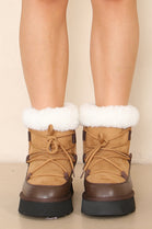 Chestnut Chunky Ankle Snow Winter Biker Boots with Lace Detail