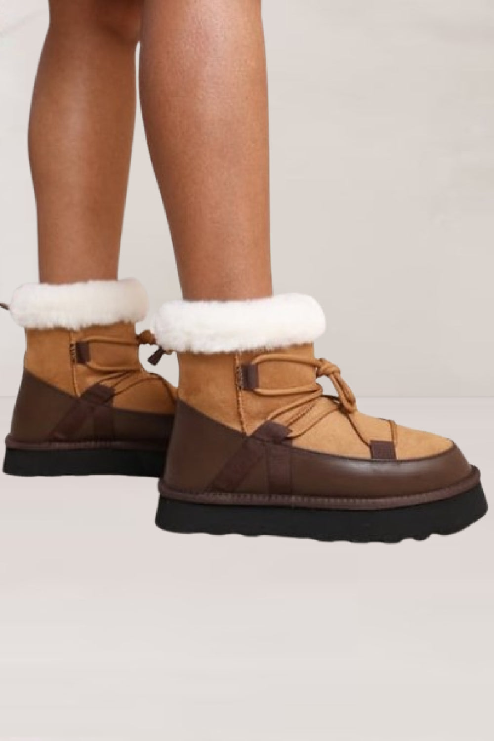 Chestnut Chunky Ankle Snow Winter Biker Boots with Lace Detail