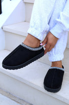 BLACK FAUX SUEDE EMBROIDED AZTEC DETAIL COZY FLUFFY SLIPPERS BOOTS BOOTIES