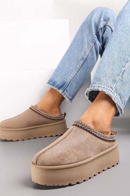 CAMEL EMBROIDED FLUFFY PLATFORM SLIPPERS AZTEC DETAIL FAUX FUR LINED ANKLE BOOTS