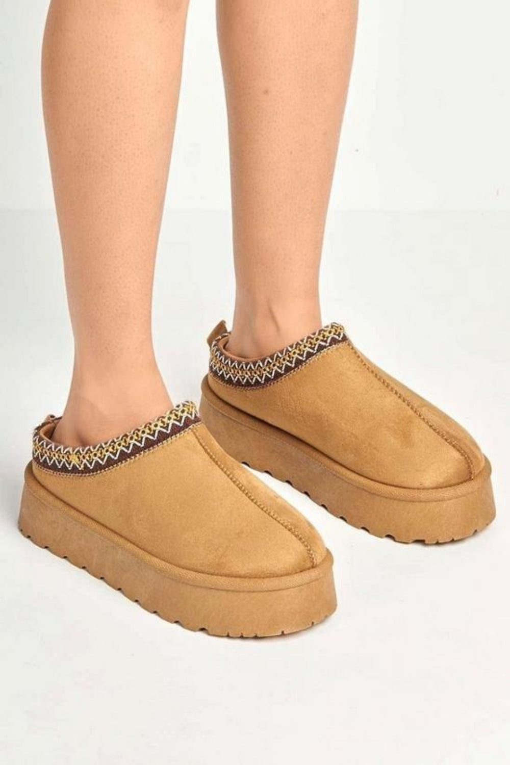 CHESTNUT FLUFFY PLATFORM SLIPPERS FAUX FUR LINED ANKLE BOOTS