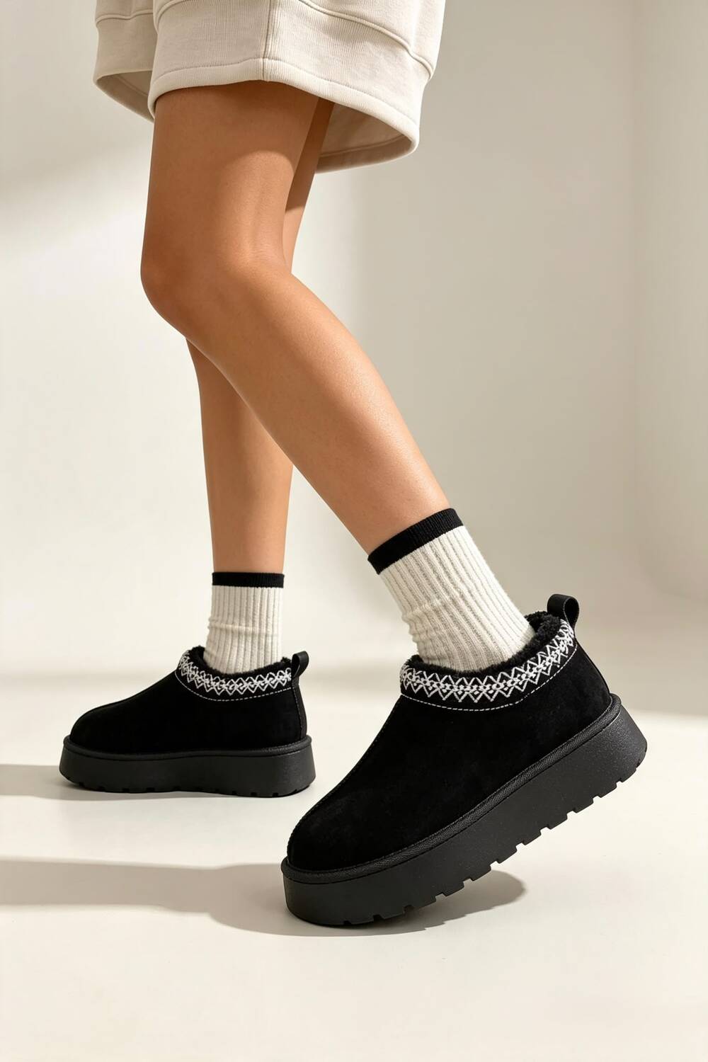 Black Suede Aztec Faux Fur Platform Slipper Boots