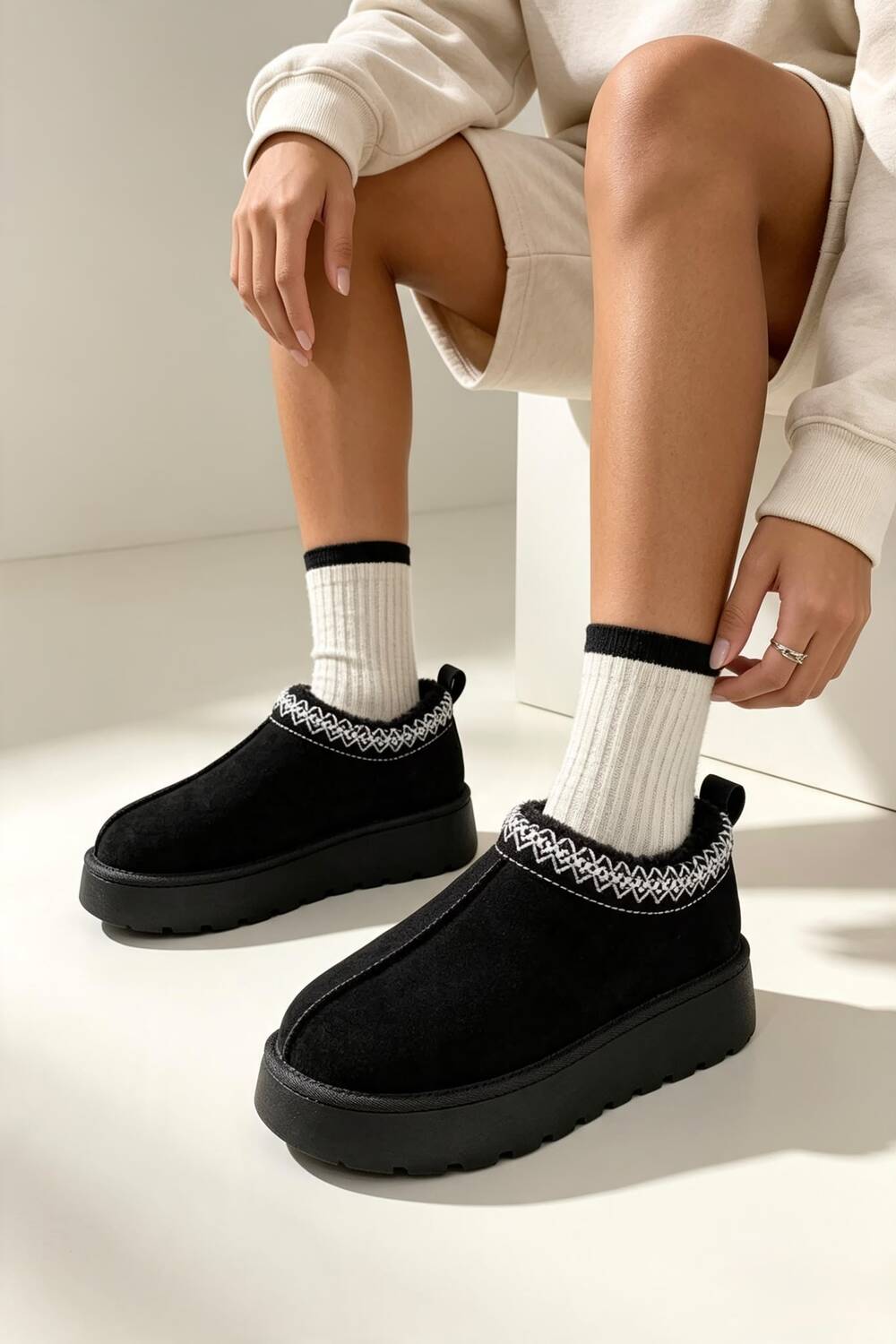Black Suede Aztec Faux Fur Platform Slipper Boots