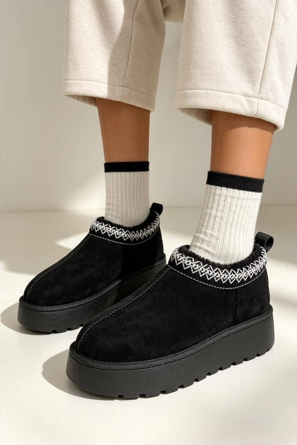 Black Suede Aztec Faux Fur Platform Slipper Boots