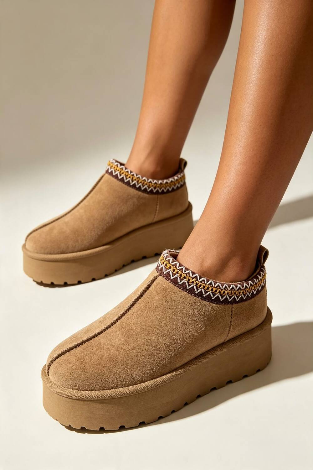 Camel Suede Aztec Faux Fur Platform Slipper Boots