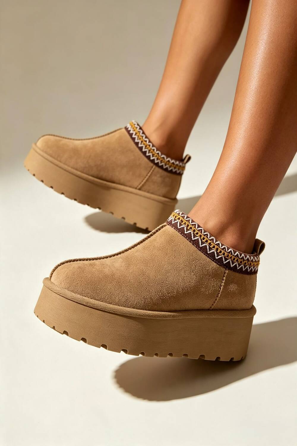 Camel Suede Aztec Faux Fur Platform Slipper Boots