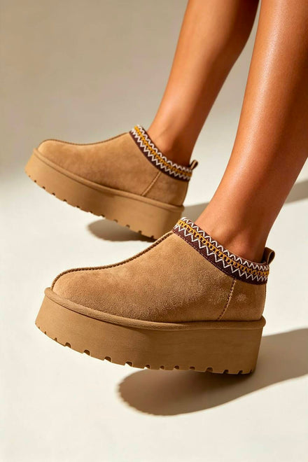 Camel Suede Aztec Faux Fur Platform Slipper Boots