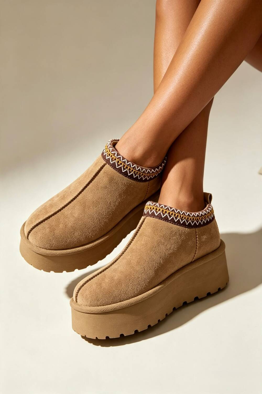 Camel Suede Aztec Faux Fur Platform Slipper Boots