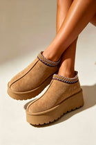 Camel Suede Aztec Faux Fur Platform Slipper Boots