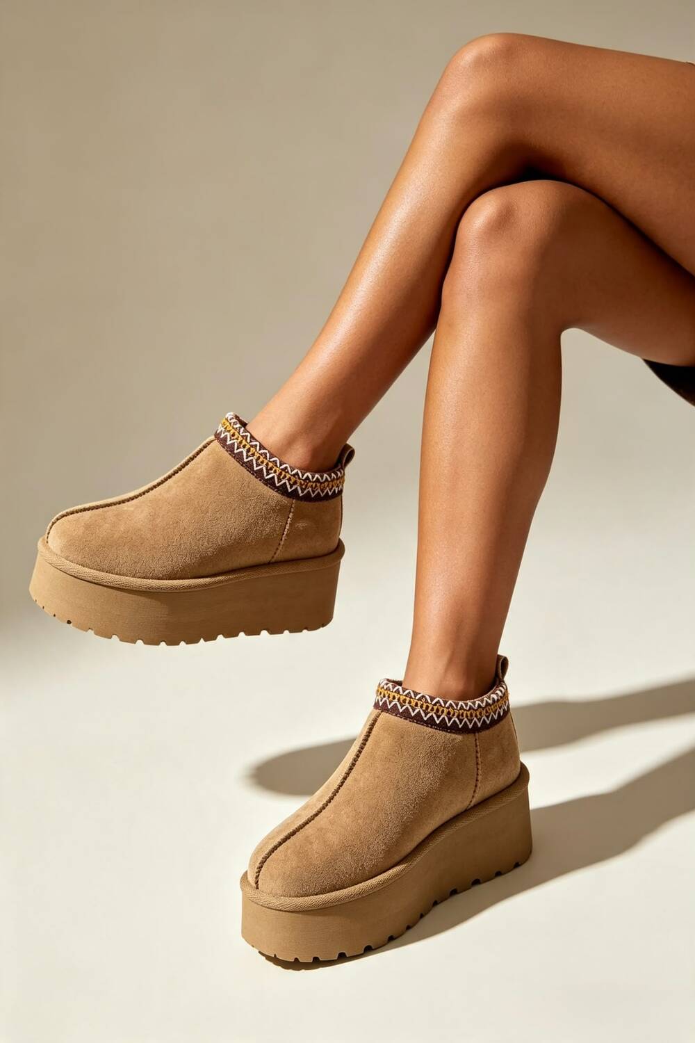 Camel Suede Aztec Faux Fur Platform Slipper Boots