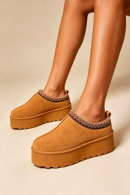 Chestnut Suede Aztec Faux Fur Platform Slipper Boots