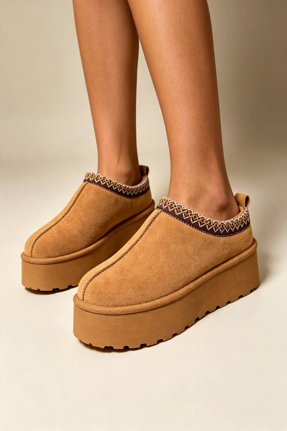 Chestnut Suede Aztec Faux Fur Platform Slipper Boots