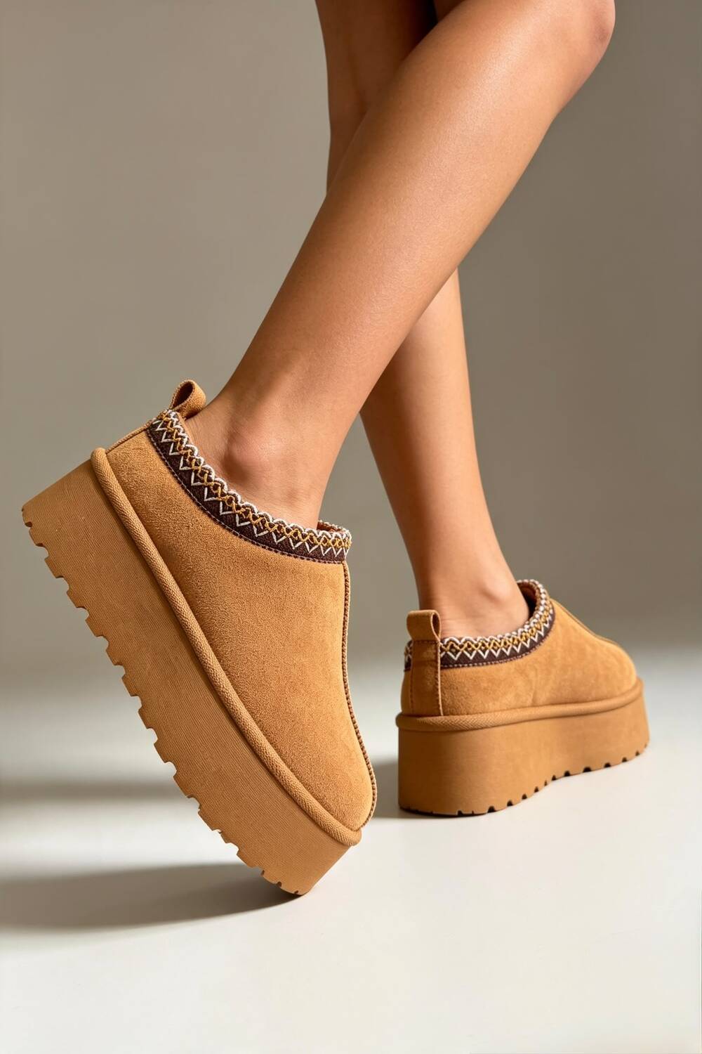 Chestnut Suede Aztec Faux Fur Platform Slipper Boots