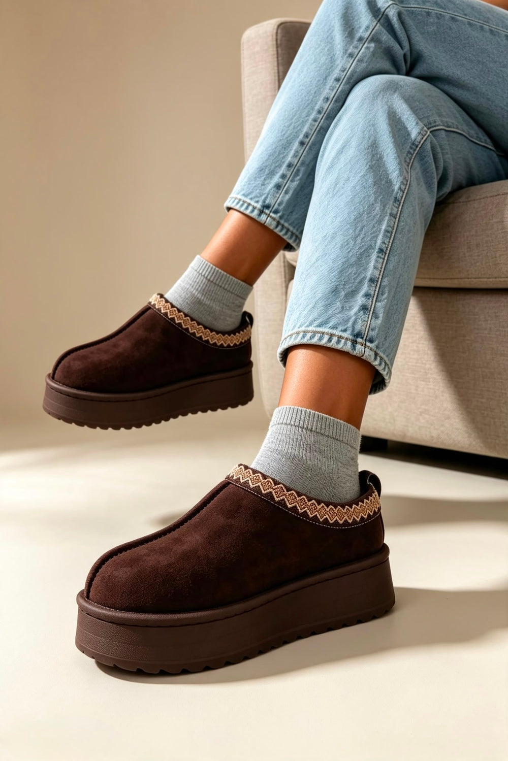 Brown Suede Aztec Faux Fur Platform Slipper Boots