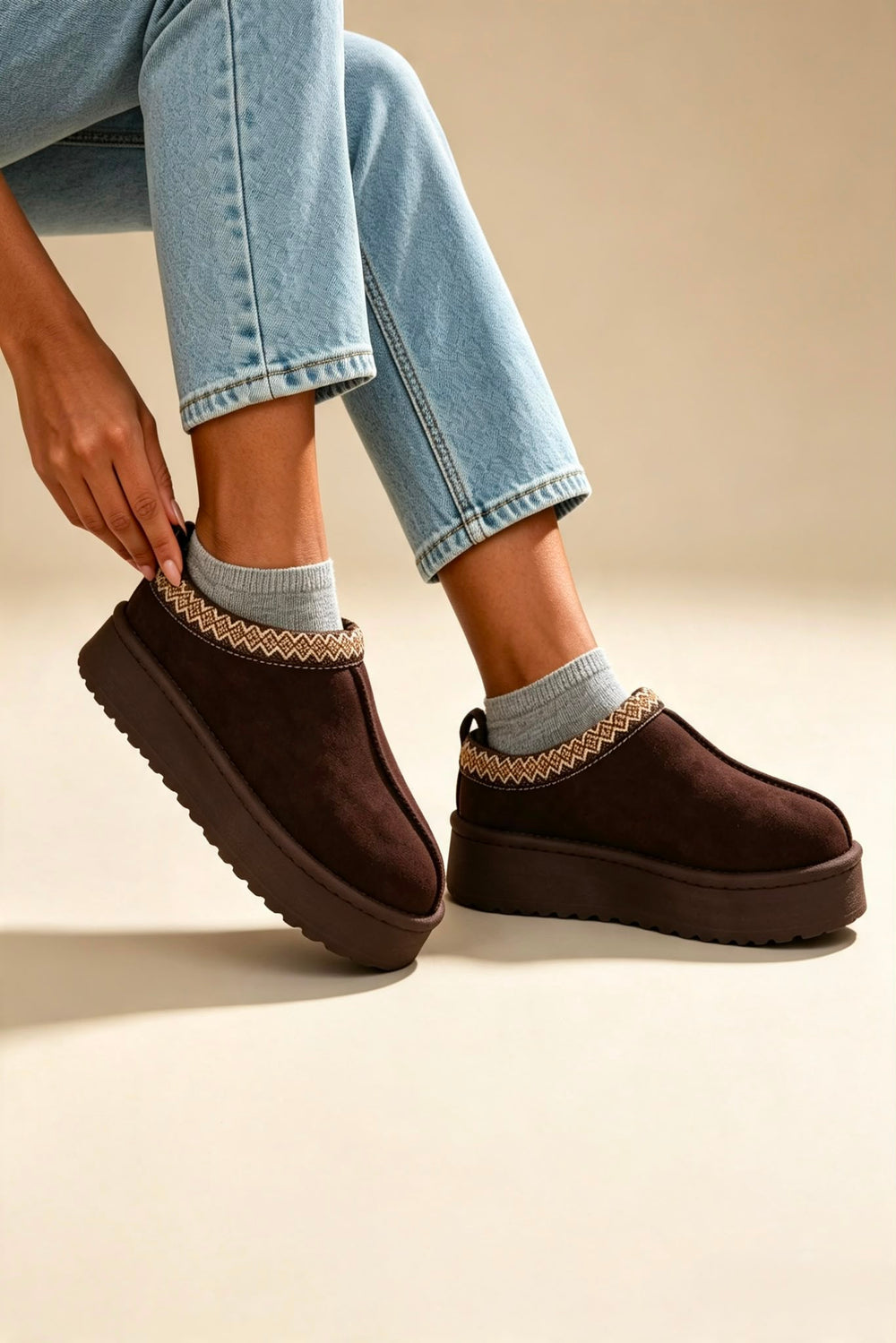 Brown Suede Aztec Faux Fur Platform Slipper Boots