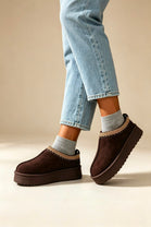 Brown Suede Aztec Faux Fur Platform Slipper Boots