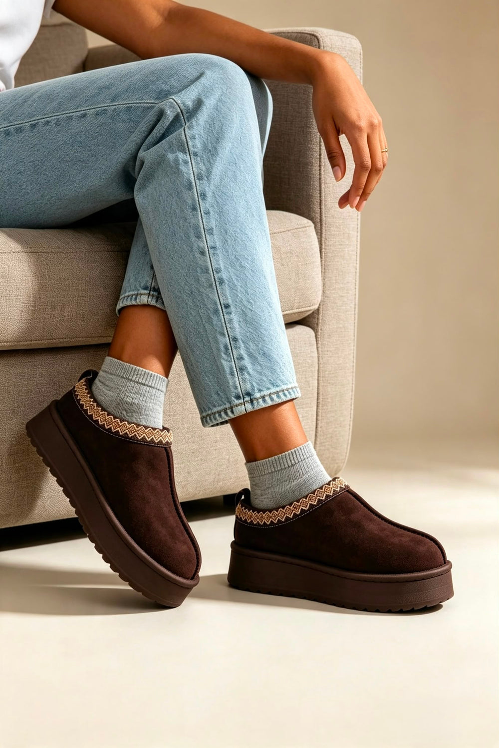 Brown Suede Aztec Faux Fur Platform Slipper Boots
