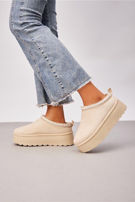 Beige Suede Aztec Faux Fur Platform Slipper Boots