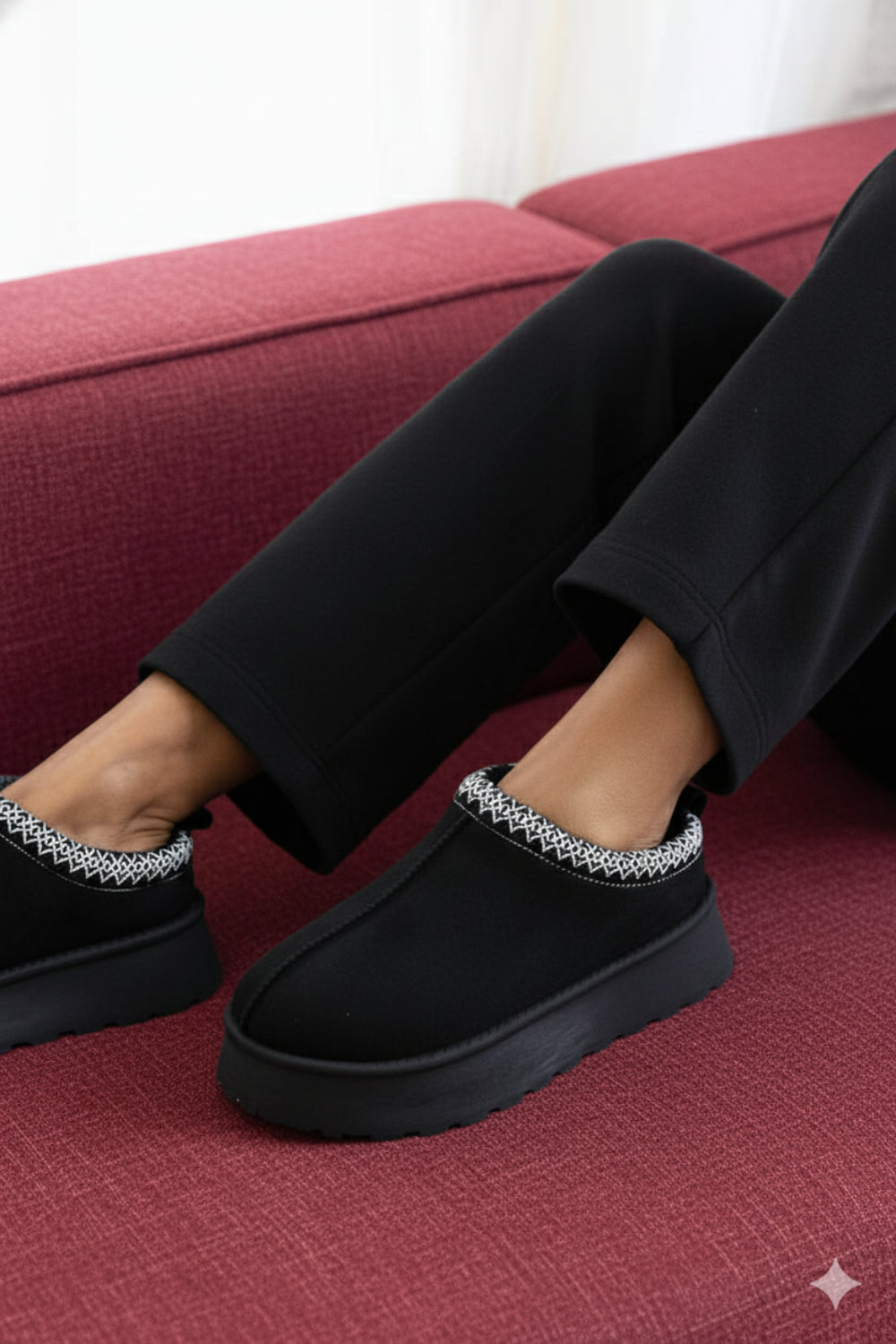 BLACK EMBROIDED FLUFFY PLATFORM SLIPPERS AZTEC DETAIL FAUX FUR LINED ANKLE BOOTS